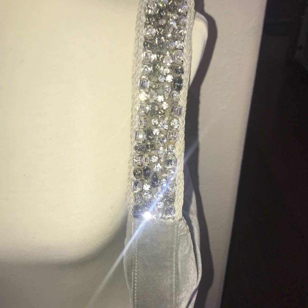 Silver Velvet Shoulder Bag with Crystal Strap